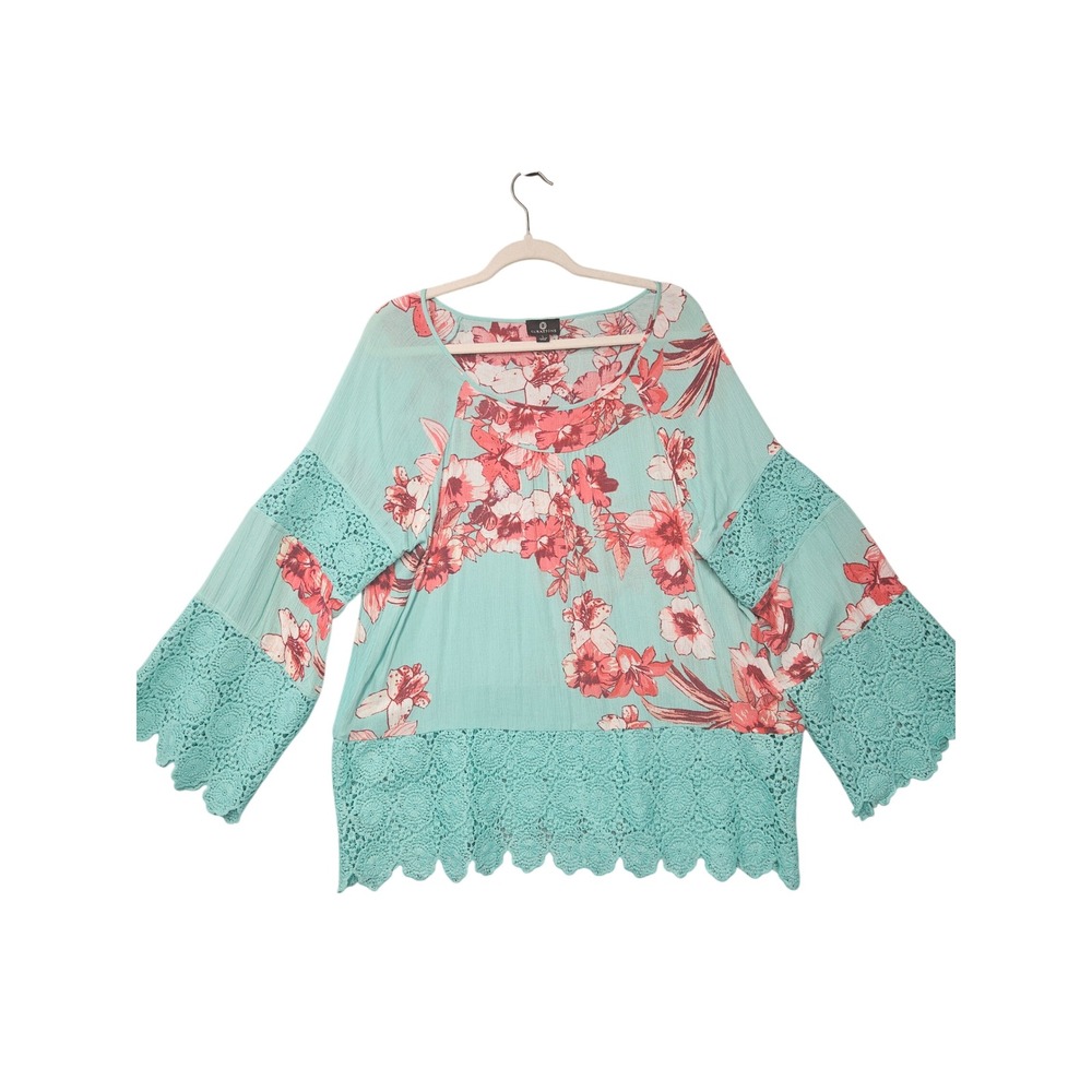 Curations Womens Aqua Blue Floral Crochet Lace Bell Sleeve Blouse Top 653740 L